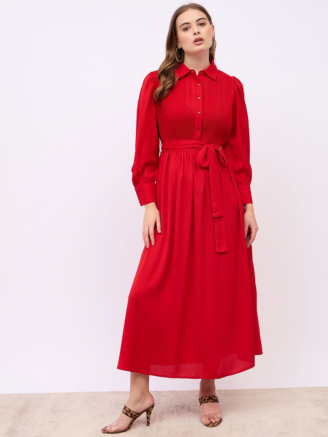 

Styli Women Shirt Collar Puff Sleeves A-Line Maxi Dress, Red