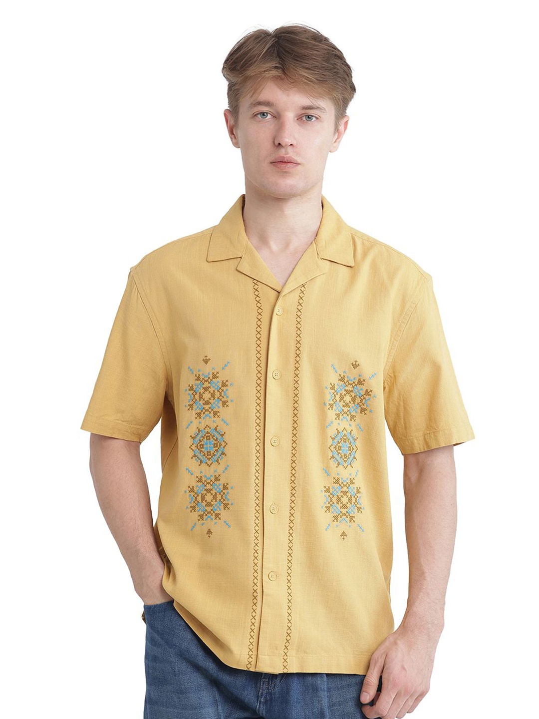 

RARE RABBIT Men Comfort Fit Cuban Collar Geometric Printed Cotton Casual Shirt, Mustard