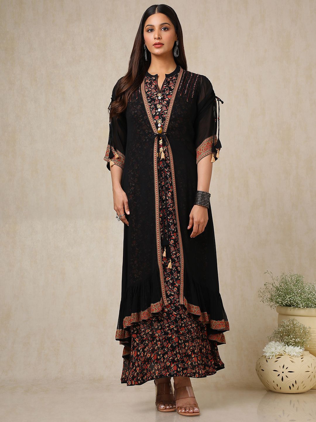 

Soch Floral Printed Georgette Maxi Dress, Black