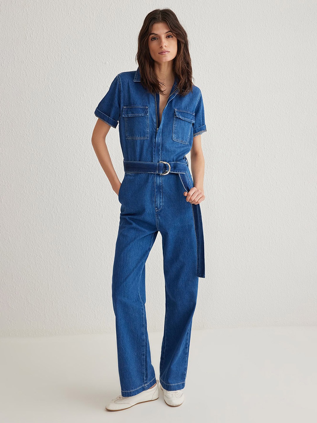 

Trendyol Women Shirt Collar Denim Pure Cotton Basic Jumpsuit, Blue