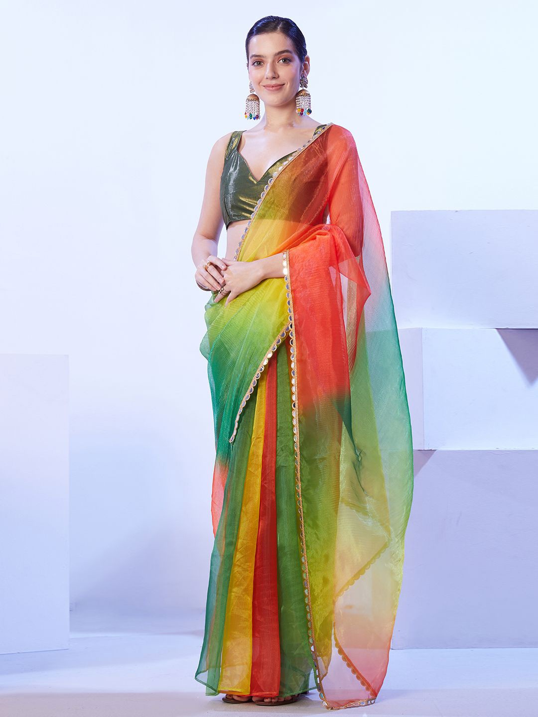 

Kalista Women Colourblocked Mirror Work Saree, Orange