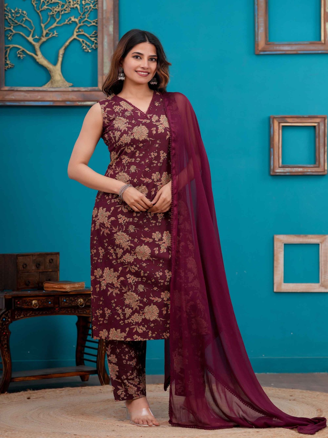 

Nayo Women Floral Printed V Neck Pure Cotton Straight Kurta With Trousers And Dupatta, Burgundy