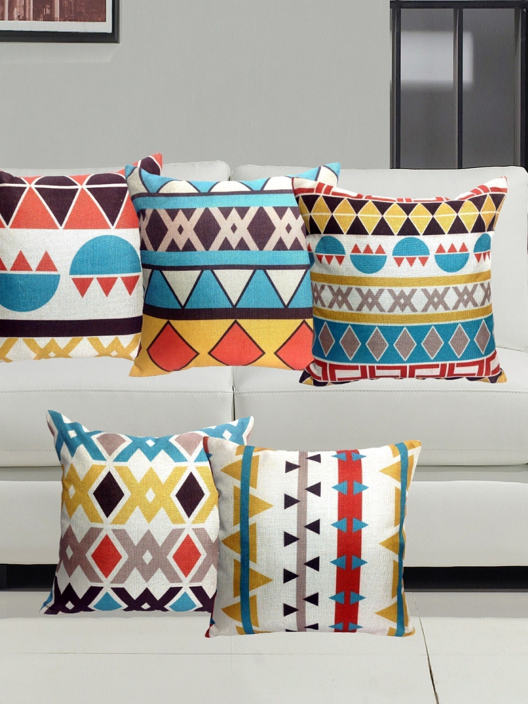 

HOME9INE White And Blue 5 Pieces Geometric Printed Jute Polyester Square Cushion Covers