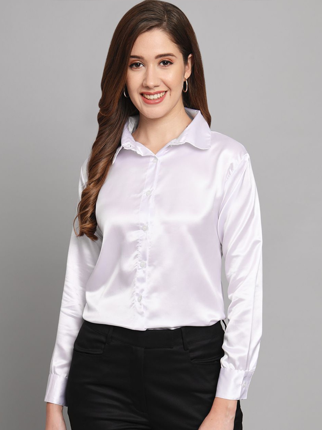 

Funday Fashion Women Spread Collar Solid Satin Formal Shirt, White