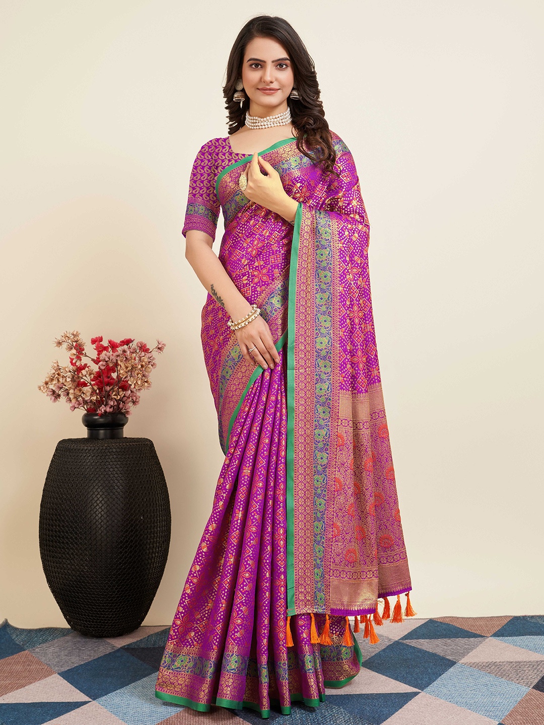 

KSM PRINTS Woven Design Saree With Blouse Piece, Purple