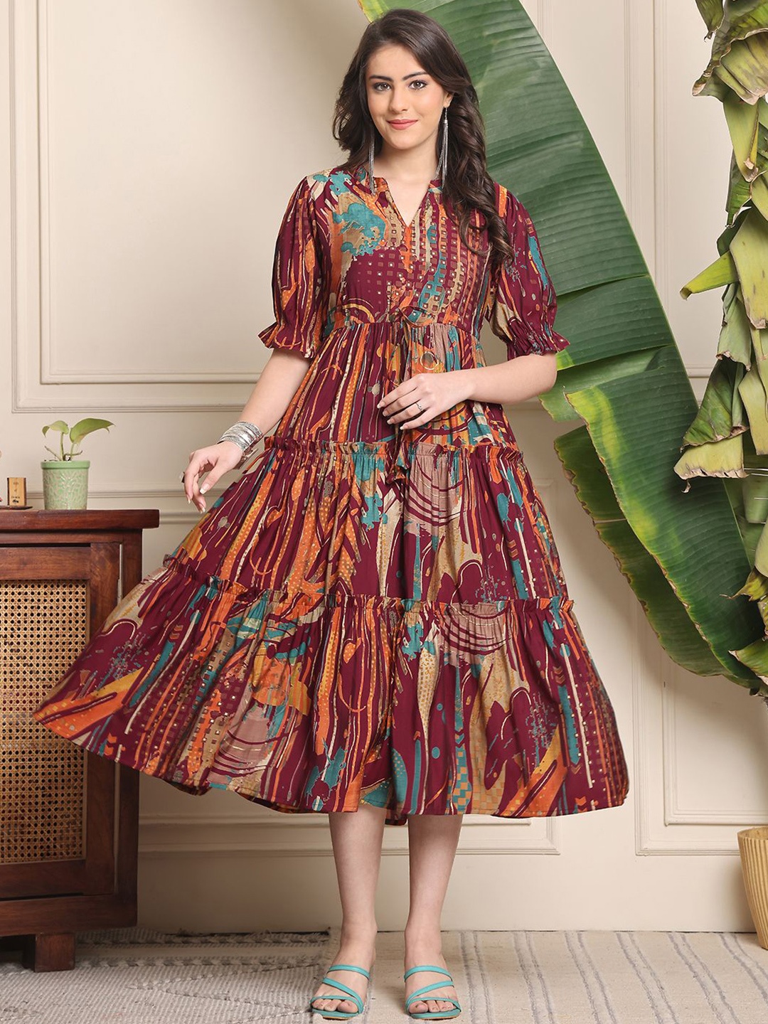 

Claura Women Printed Puff Sleeves Fit & Flare Midi Dress, Brown