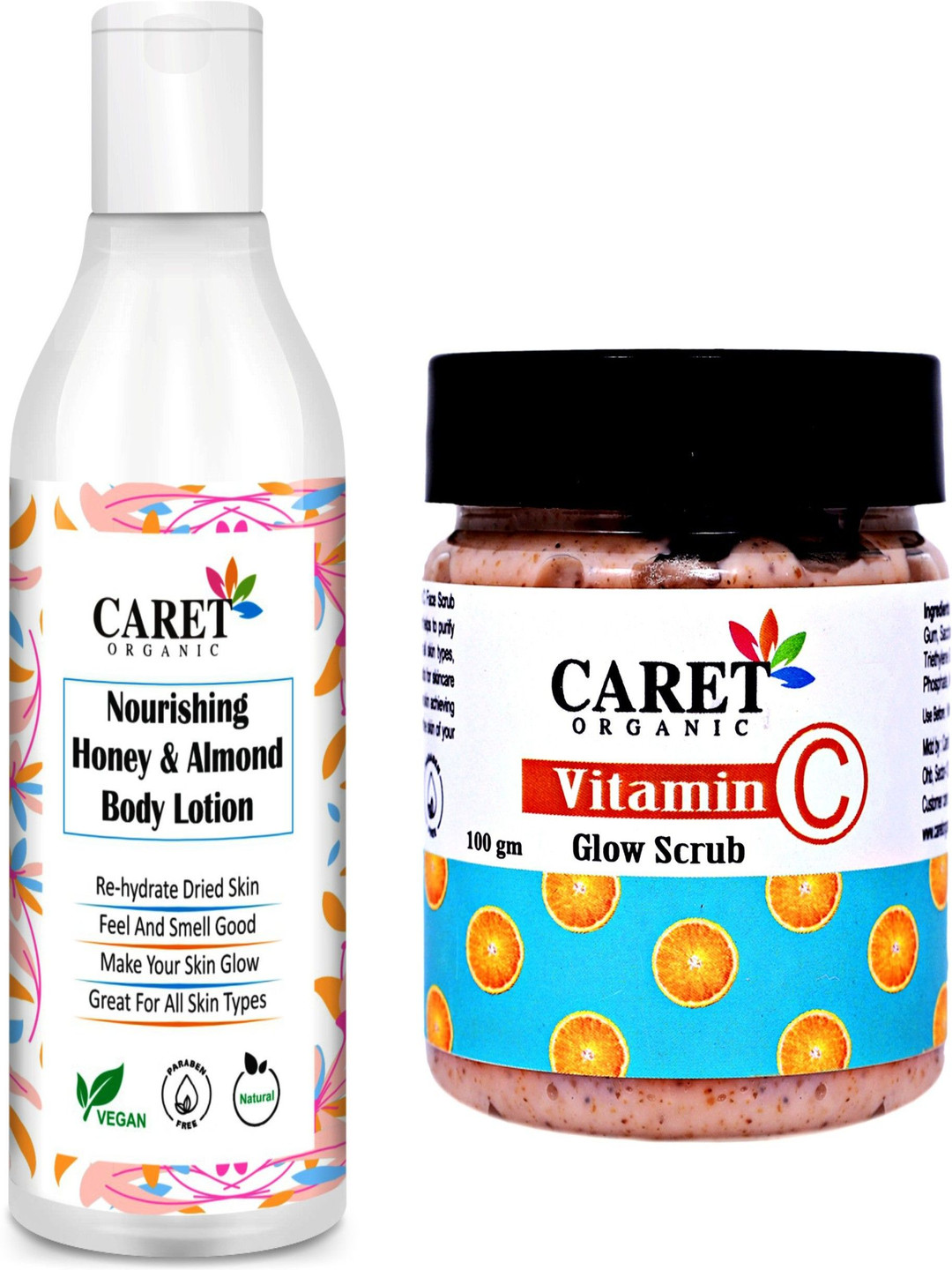 

CARET ORGANIC Set Of 2 Almond Body Lotion - 250 ml & Vitamin C Glow Scrub - 100 g, White