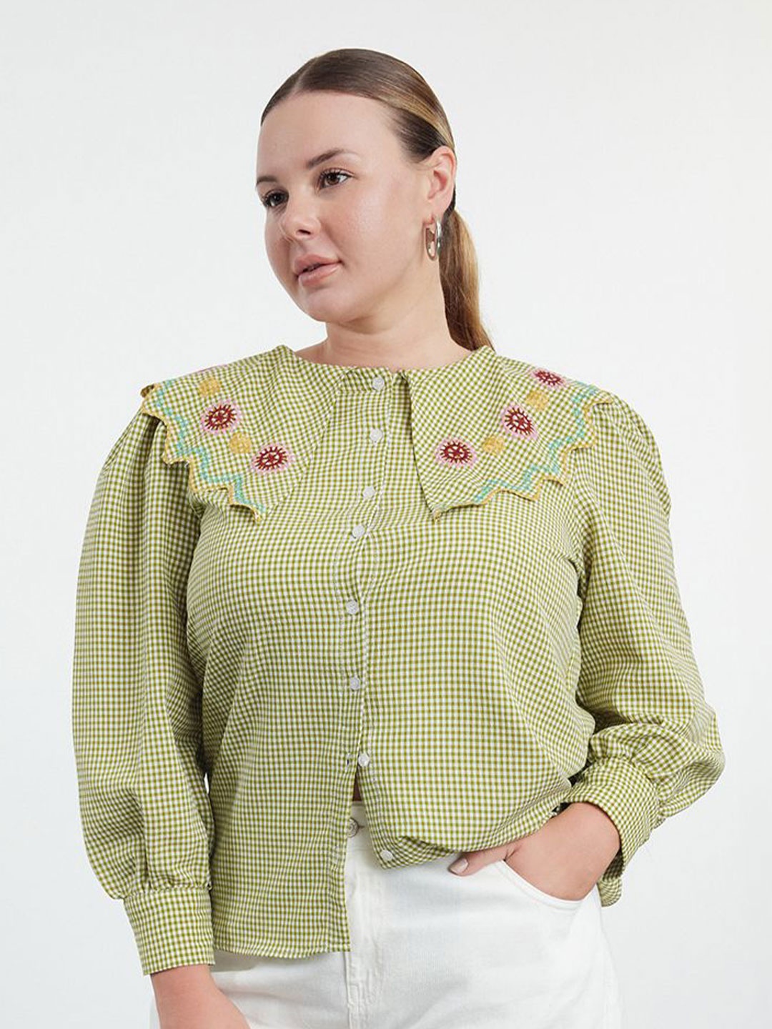 

Trendyol Women Above the keyboard collar Gingham Checked Casual Shirt, Green