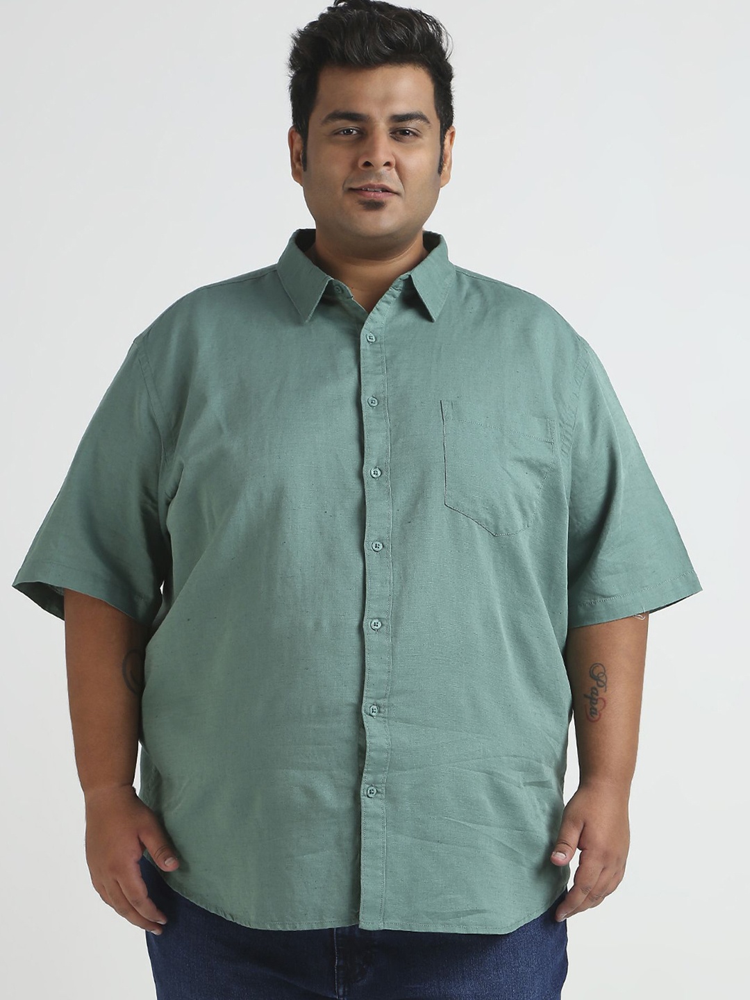 

Sizeupp Men Plus Size Standard Oversized Fit Spread Collar Solid Cotton Casual Shirt, Green