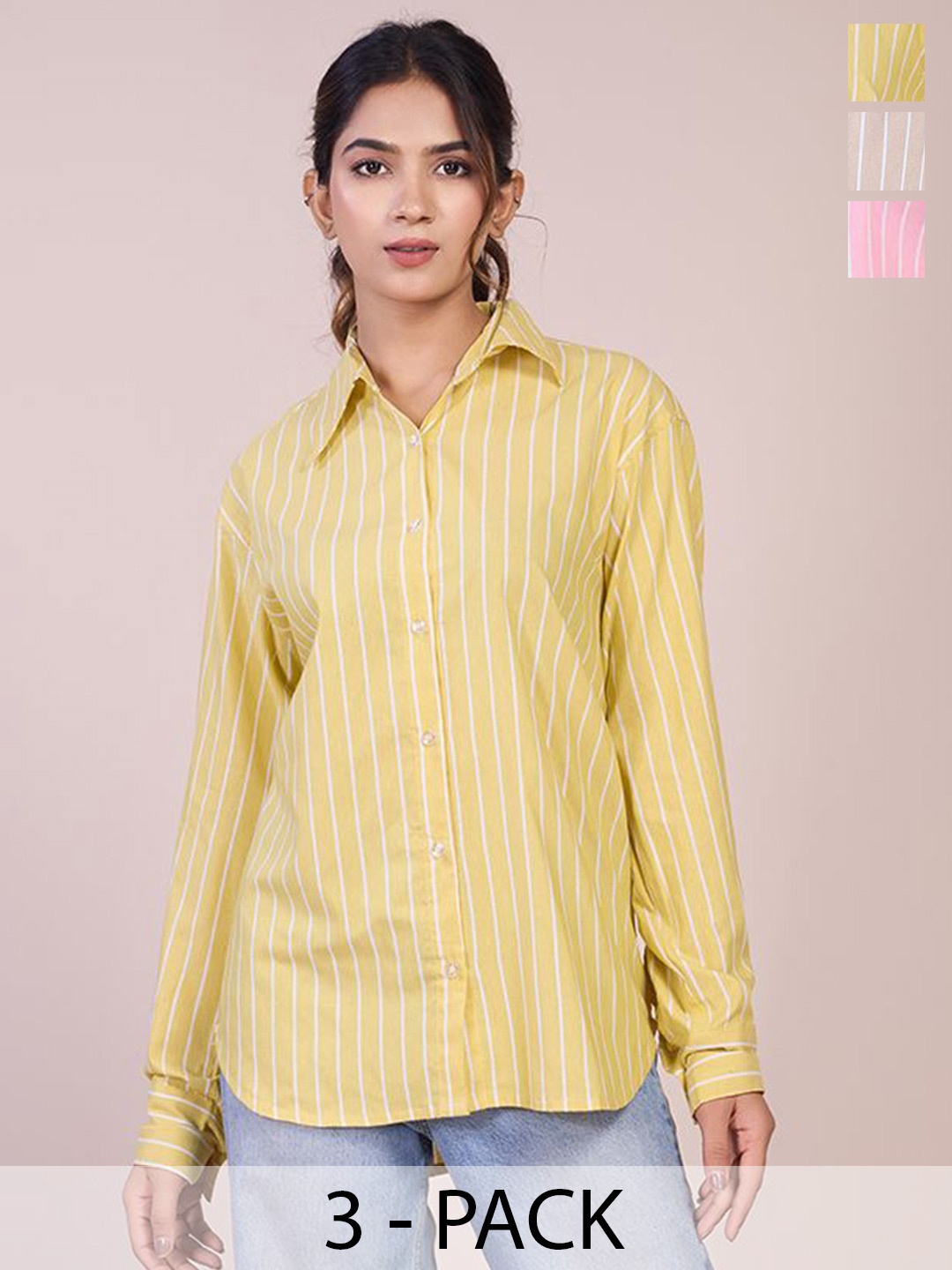 

HOUSE OF MIRA Women Pack Of 3 Classic Oversized Fit Vertical Striped Cotton Casual Shirts, Yellow