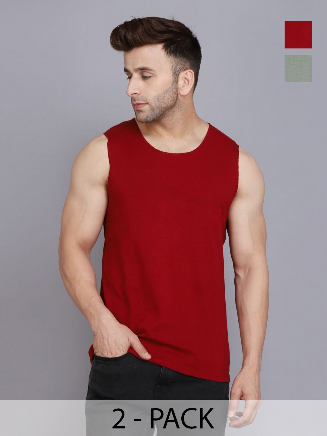 

WOOSTRO Men Pack Of 2 Solid Round Neck Cotton Slim Fit T-shirts, Maroon