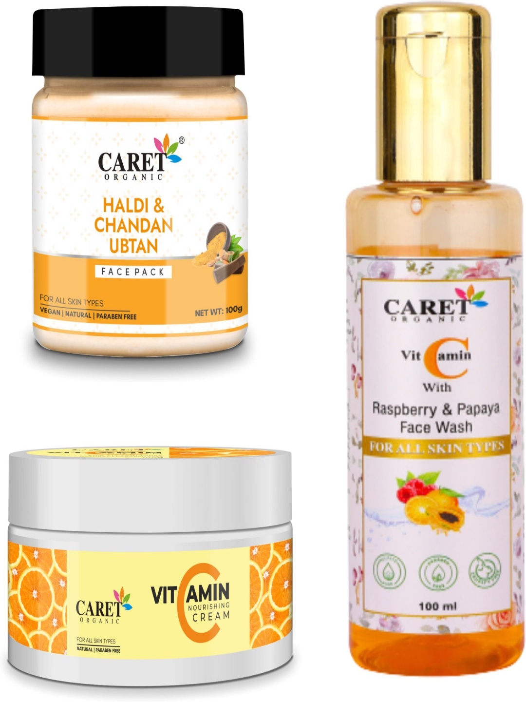 

CARET ORGANIC Set Of 3 Haldi Chandan Face Pack & Vitamin C Facewash & Vitamin C Cream, Yellow