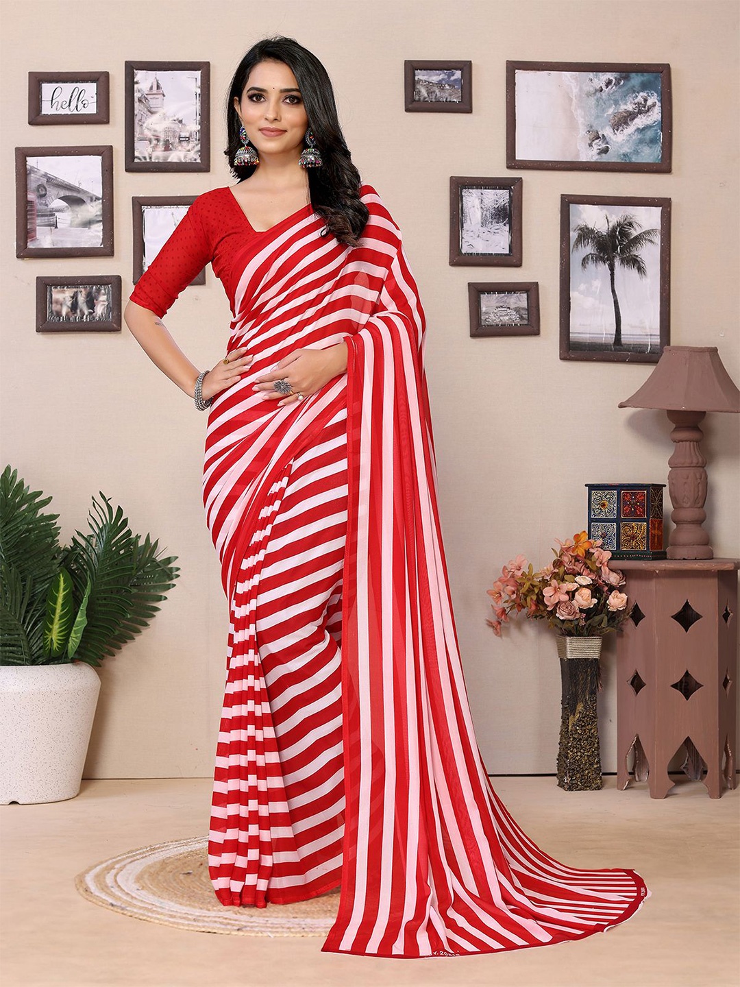 

Moda Rapido Striped Saree With Unstitched Blouse, Red