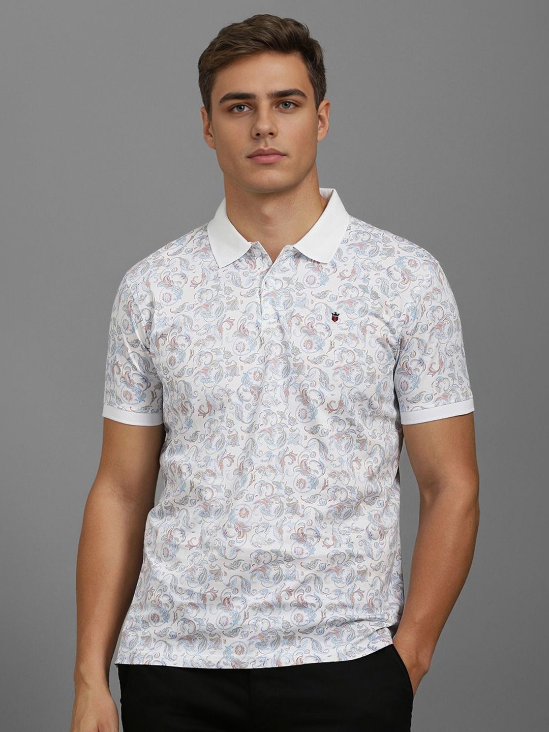 

Louis Philippe Sport Men Floral Printed Polo Collar Slim Fit Cotton T-shirt, Grey