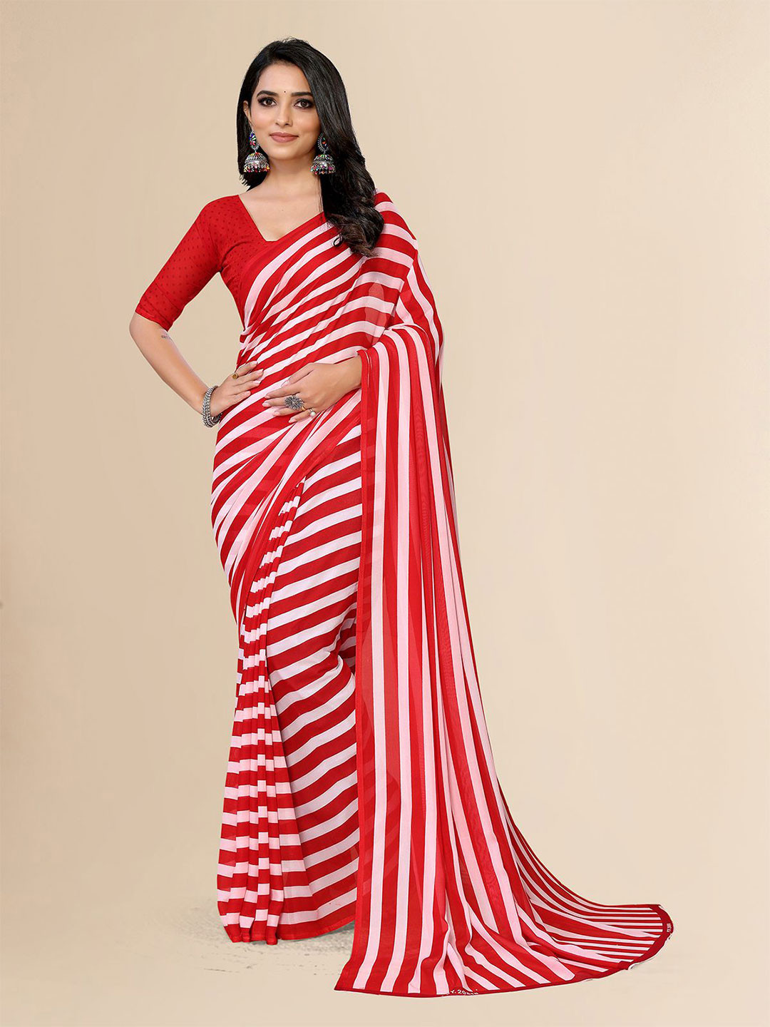 

Moda Rapido Striped Saree, Red