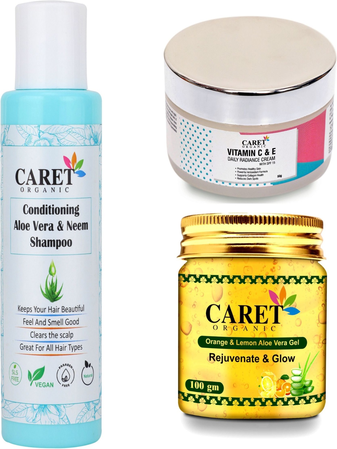 

CARET ORGANIC Set Of 3 Shampoo - 100 ml, Aloevera Gel - 100 g & Vitamin C Cream - 50 g, White