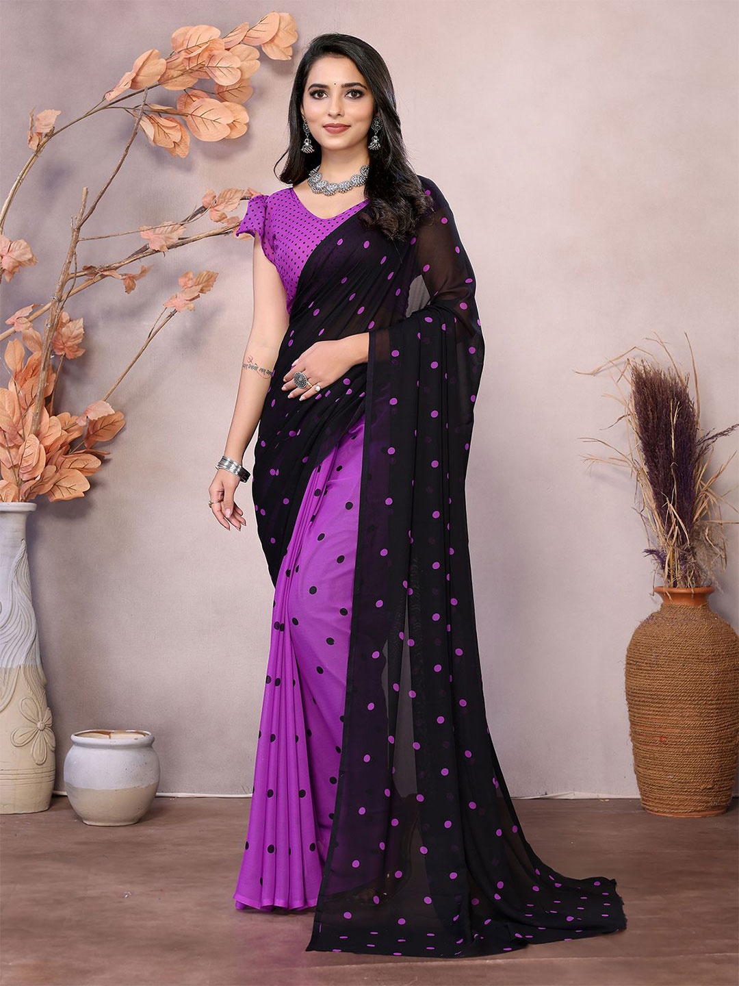 

Moda Rapido Polka Dot Printed Saree With Unstiched Blouse Piece, Purple