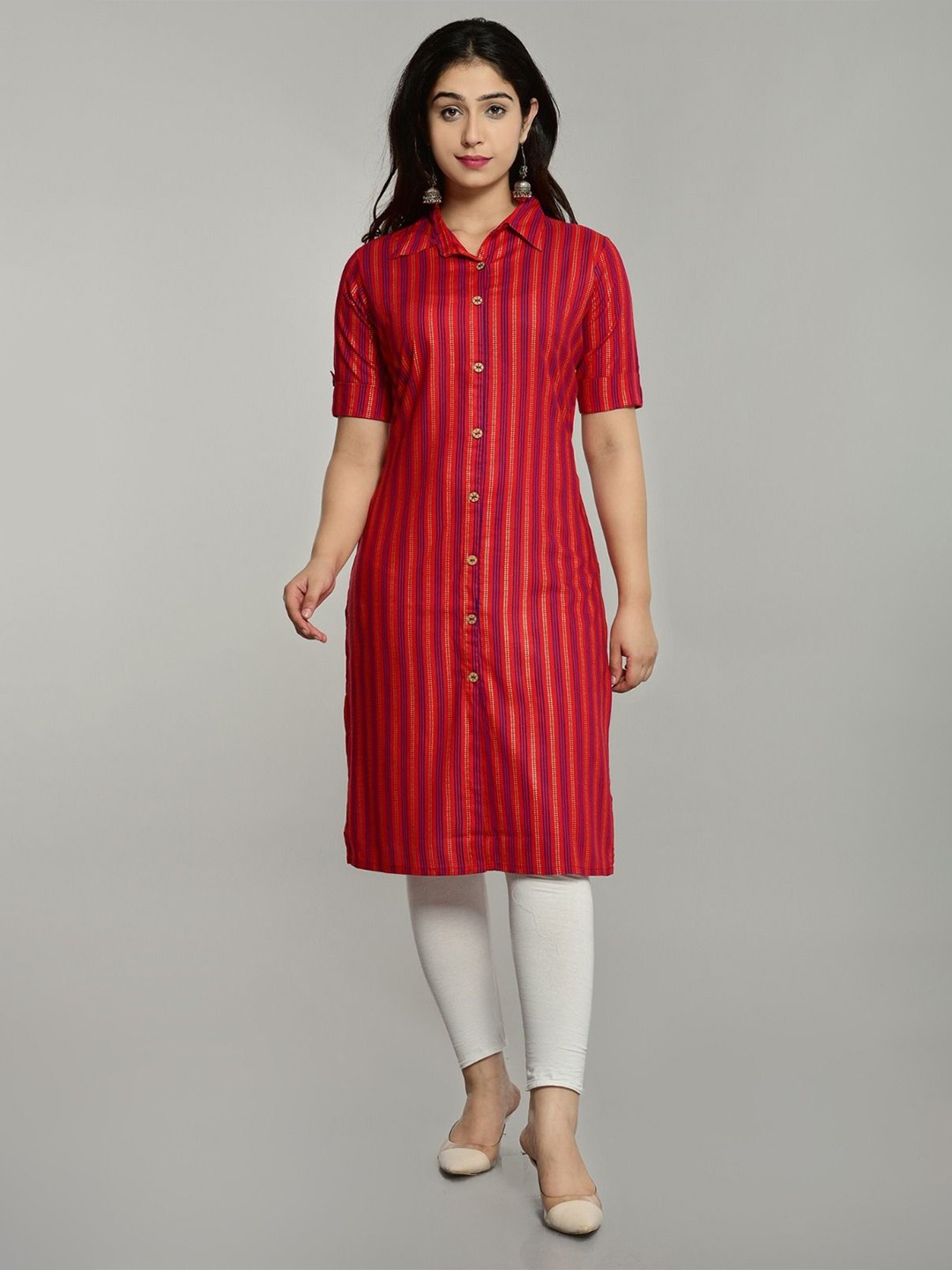 

ClothAura Striped Shirt Collar Straight Kurta, Red