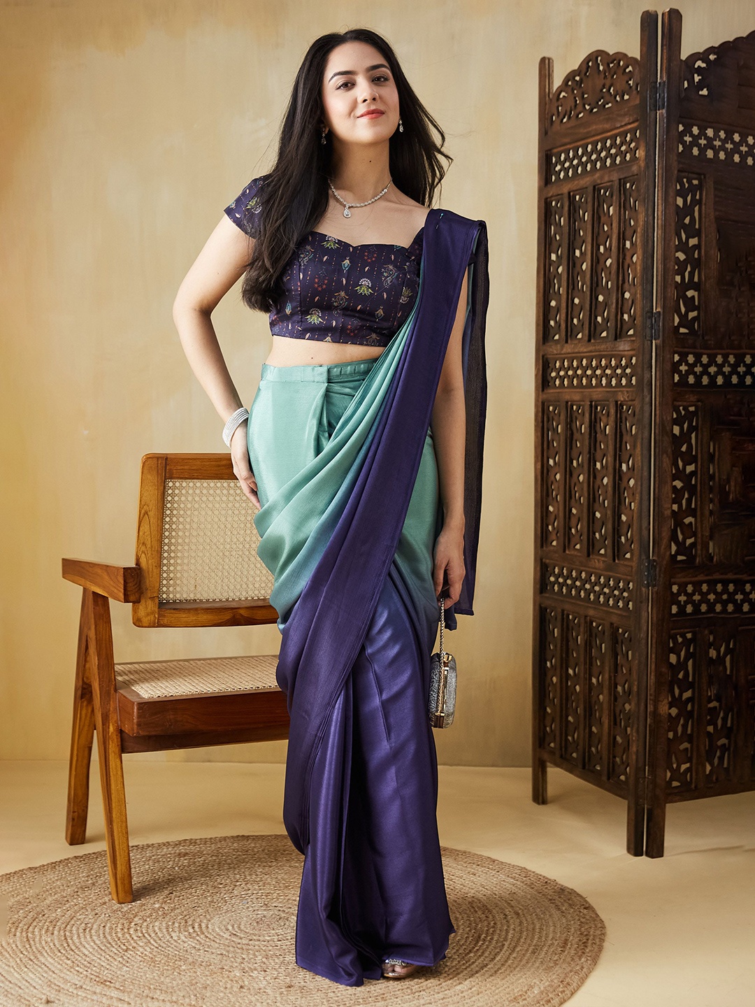 

RACHNA Ombre Satin Ready to Wear Saree, Green