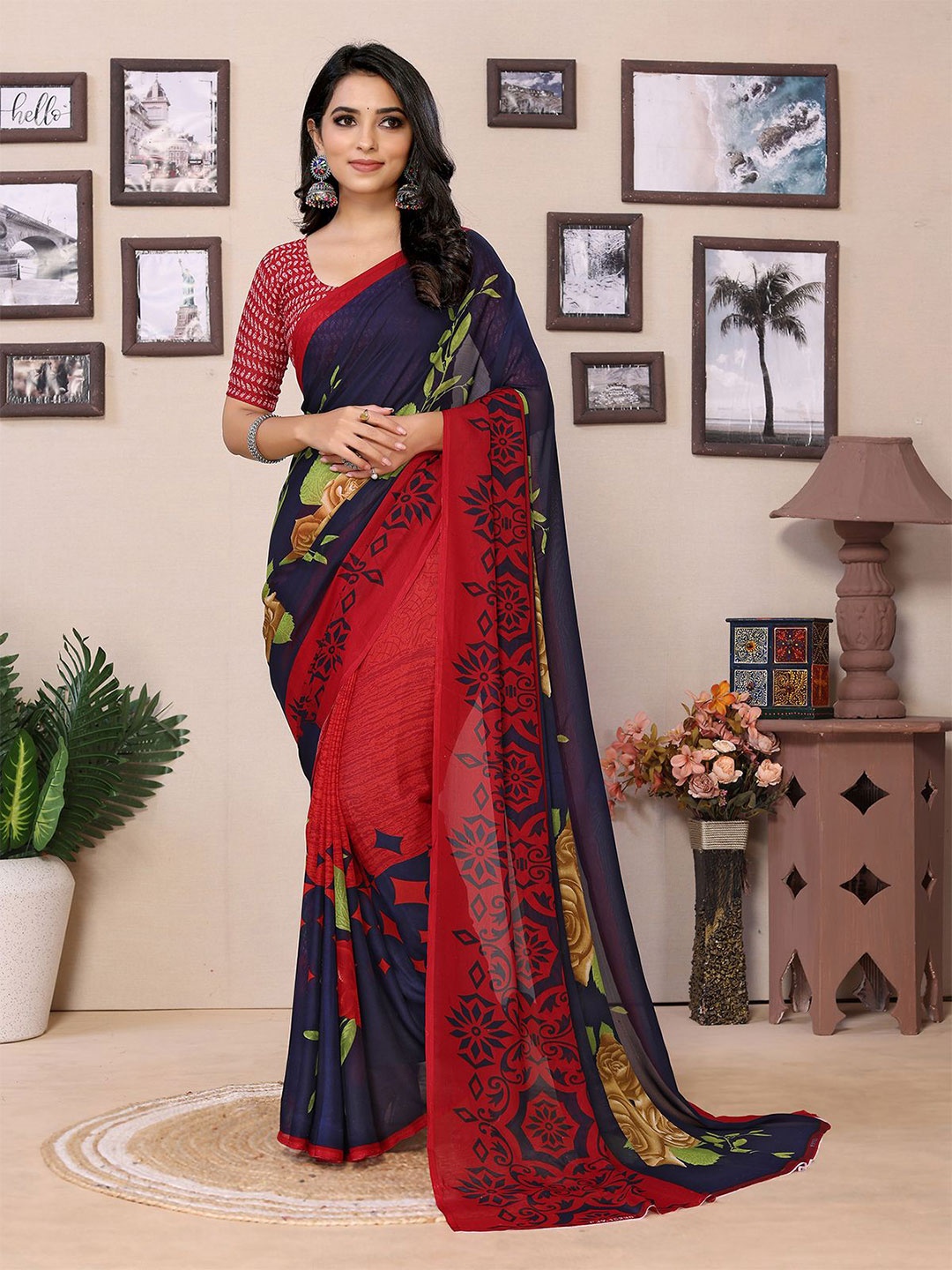 

Moda Rapido Floral Printed Saree With Unstiched Blouse Piece, Blue