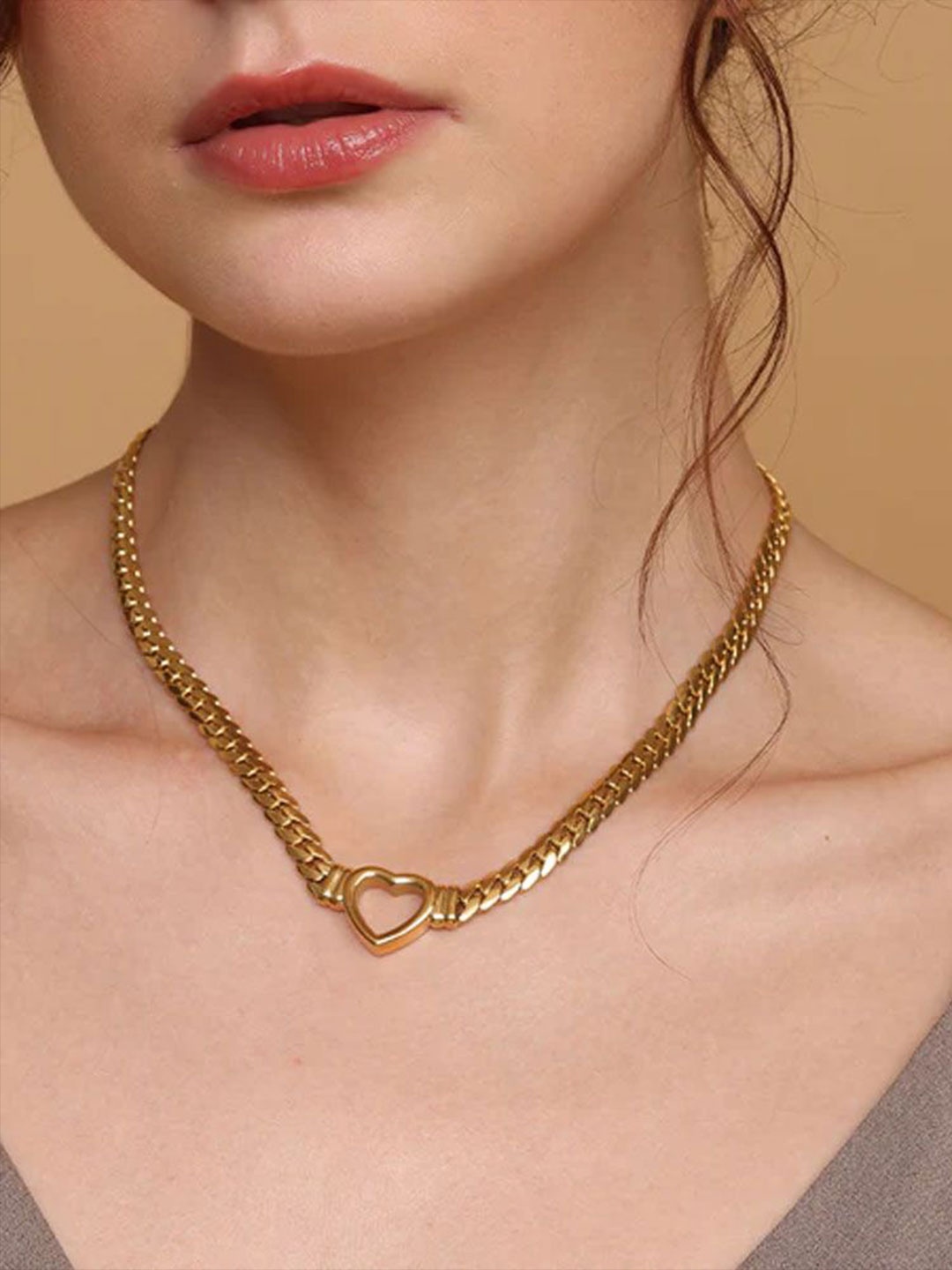 

PALMONAS 18K Gold-Plated Stainless Steel Cuban Hollow Heart Necklace