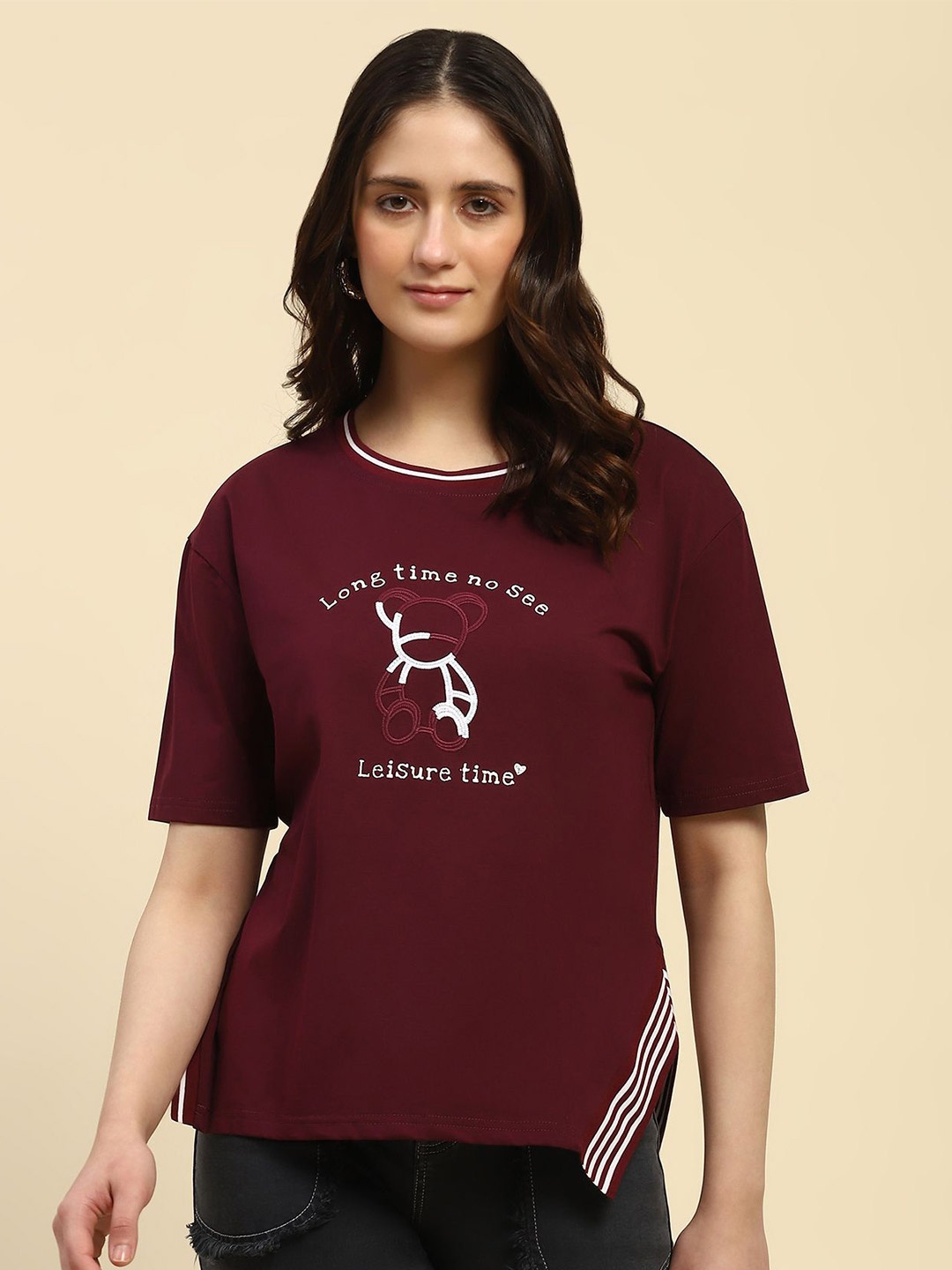 

Global Republic Women Typography Printed Cotton Tshirt, Maroon