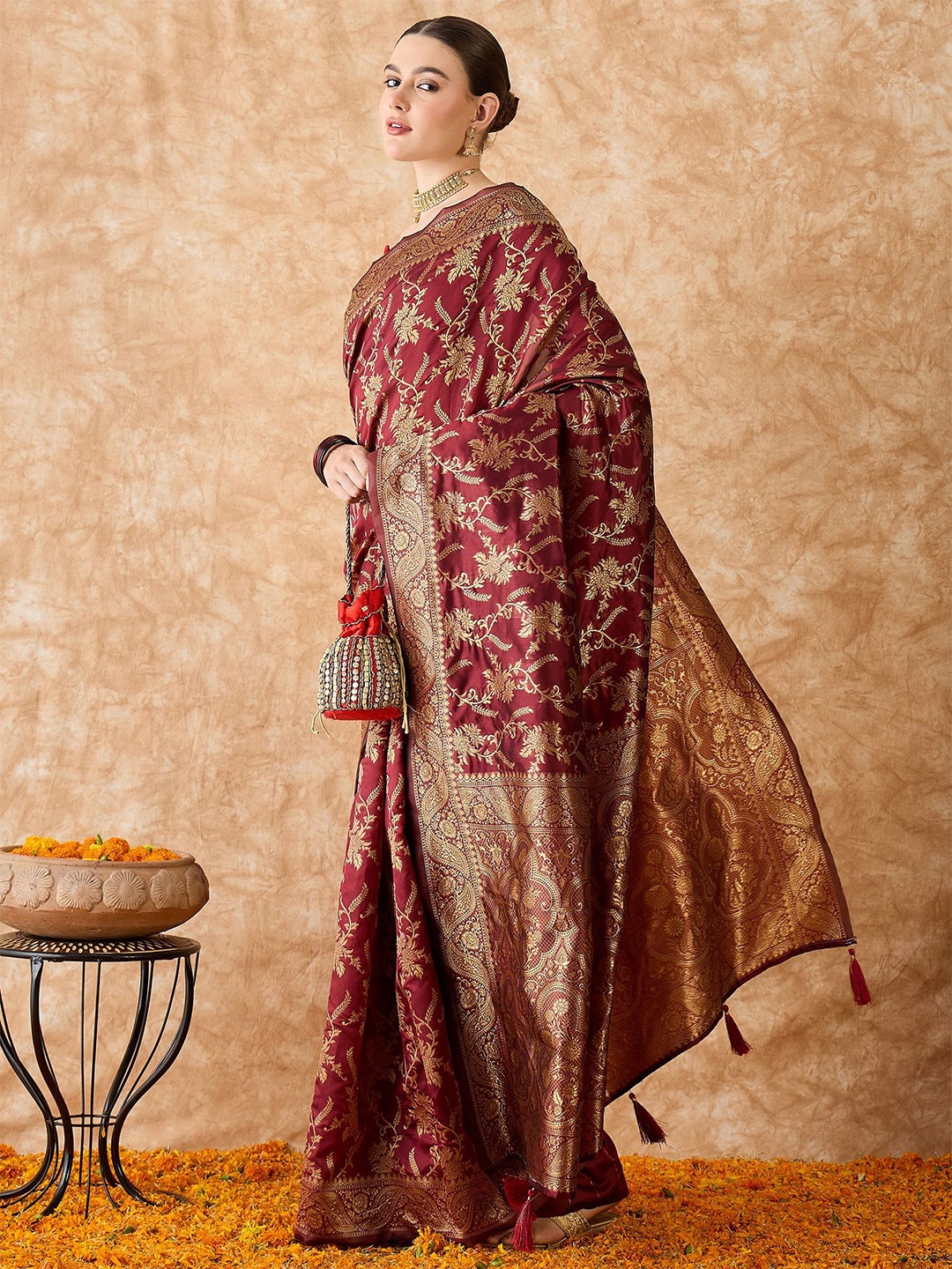 

Maroosh Floral Woven Design Banarasi Saree, Maroon