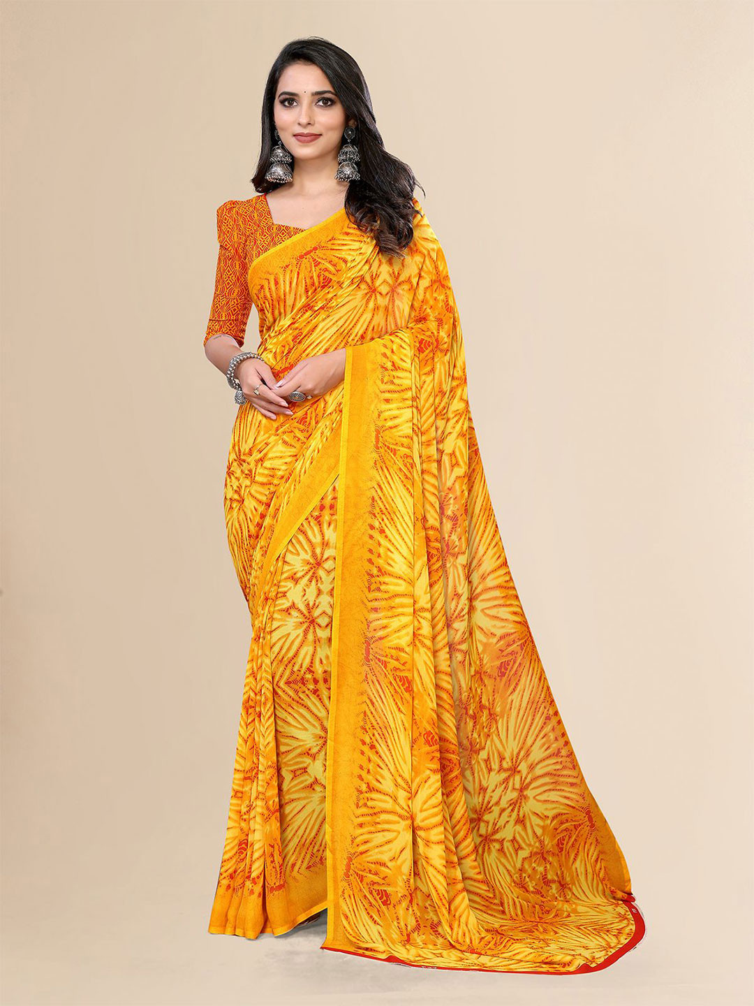 

Moda Rapido Women Printed Saree With Unstiched Blouse Piece, Yellow