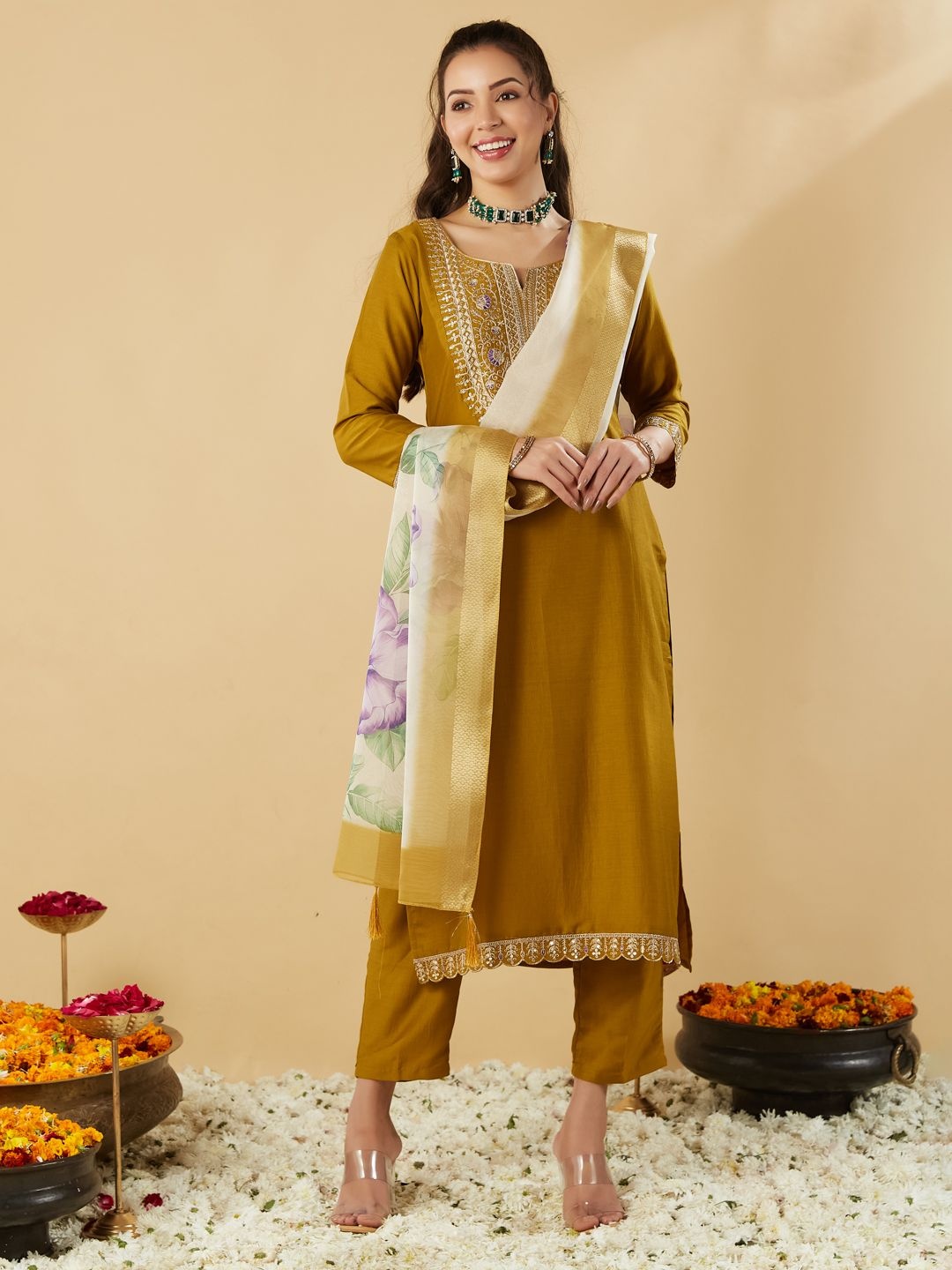 

MOKOSH Women Ethnic Motifs Embroidered Regular Sequinned Kurta with Trousers & With Dupatta, Mustard