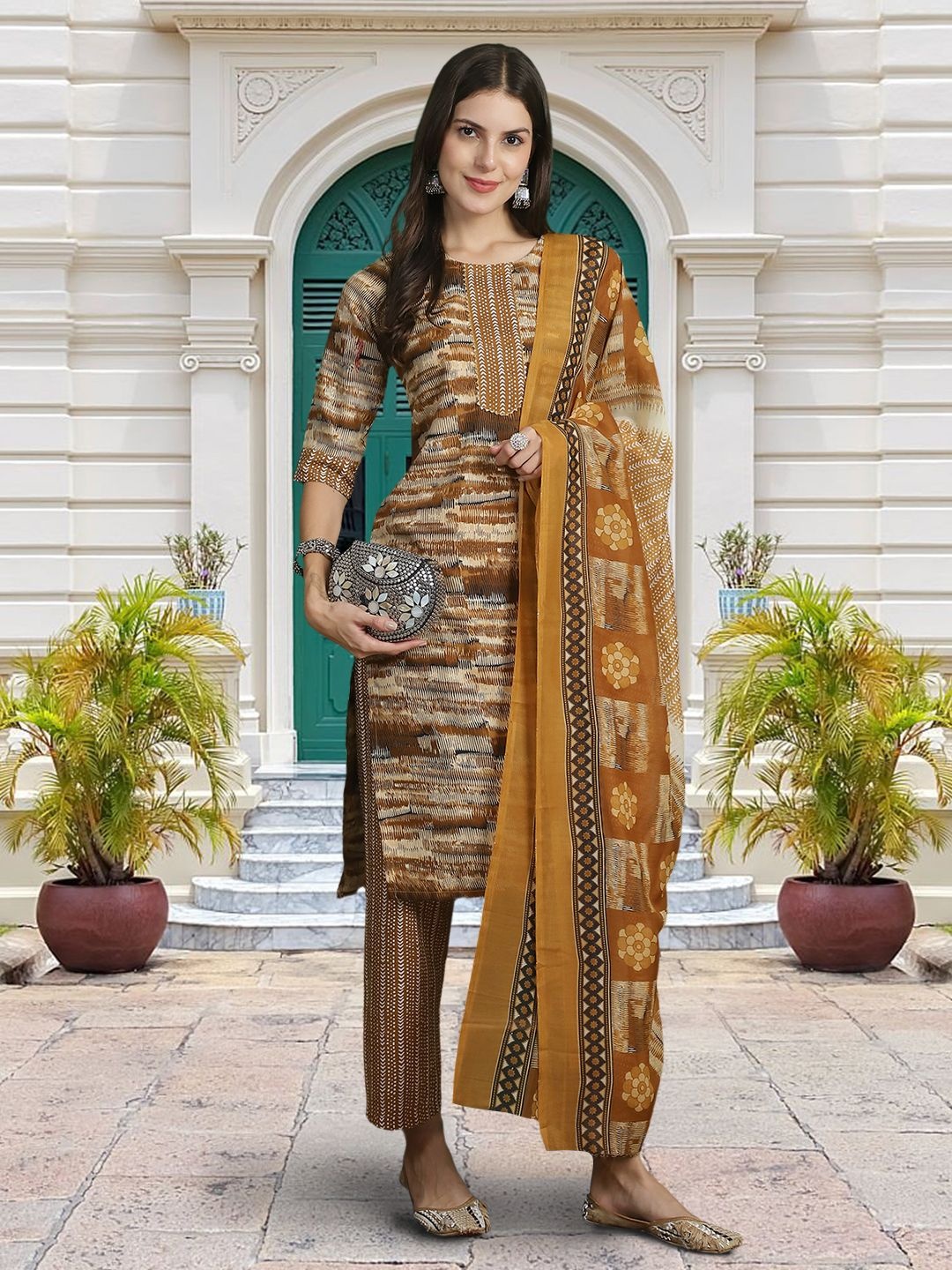 

Moda Rapido Floral Printed Round Neck Straight Kurta With Trouser And Dupatta, Brown