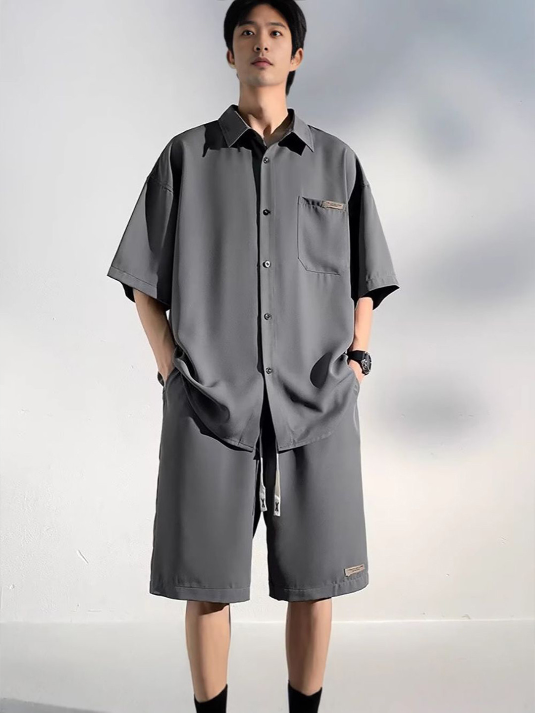 

StyleCast x Revolte Short Sleeves Shirt With Shorts, Grey