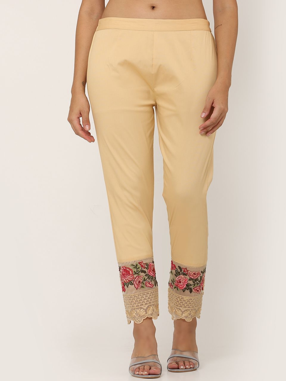 

FLOREOS Women Embroidered Mid-Rise Cotton Trouser, Gold