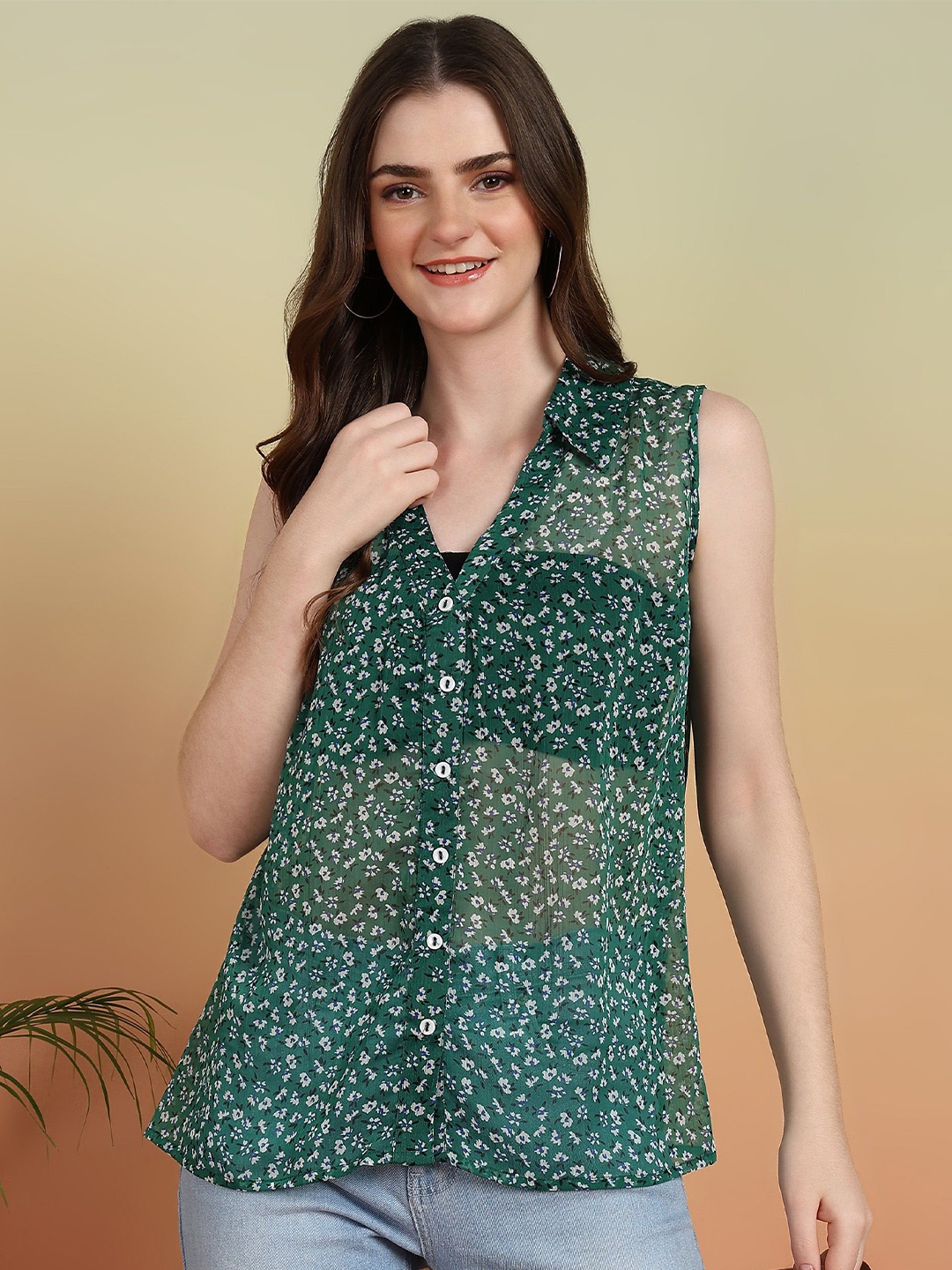 

YASH GALLERY Women Floral Print Cotton Chiffon Top, Green