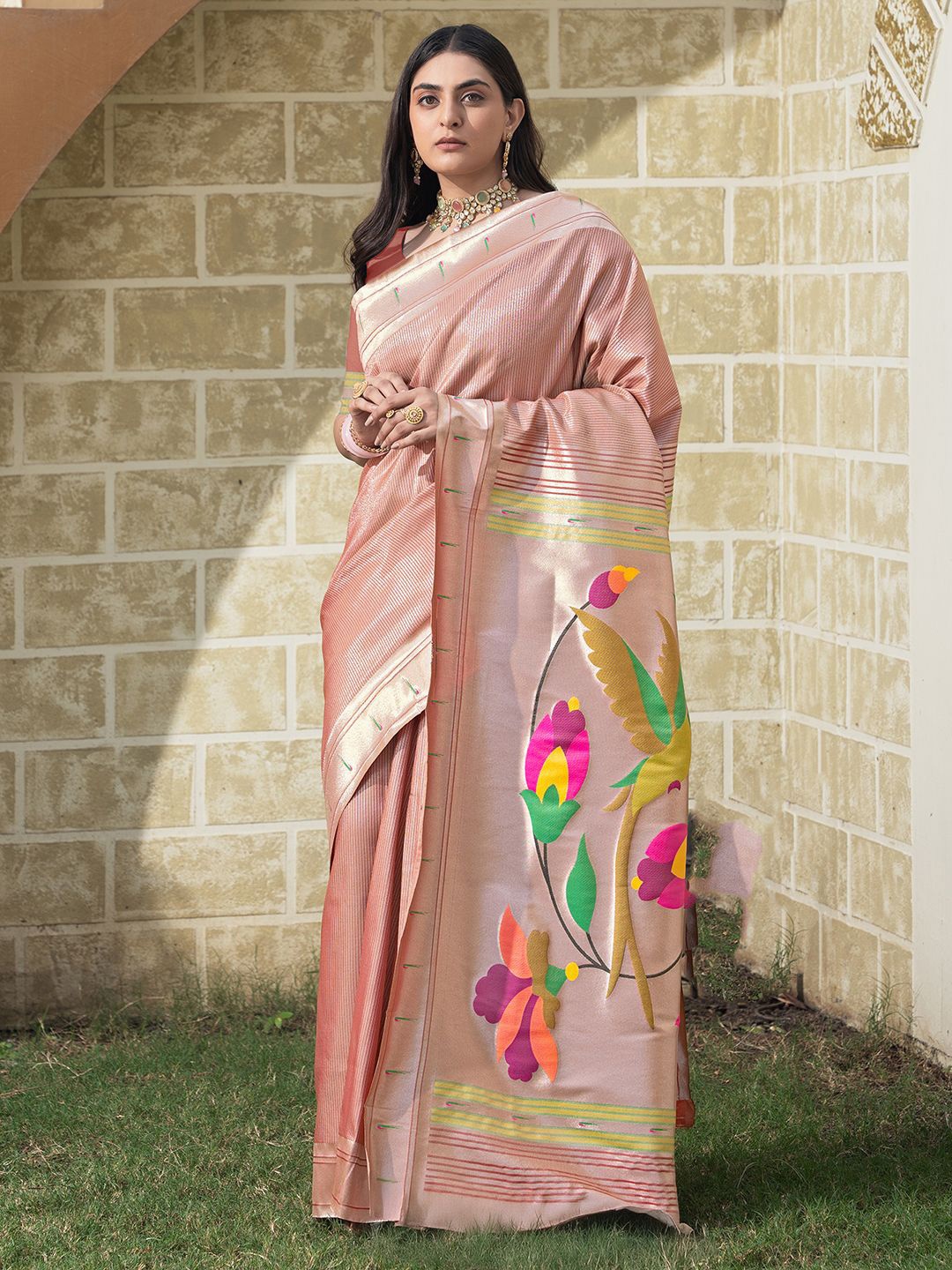 

Satrani Woven Design Zari Paithani Saree, Peach