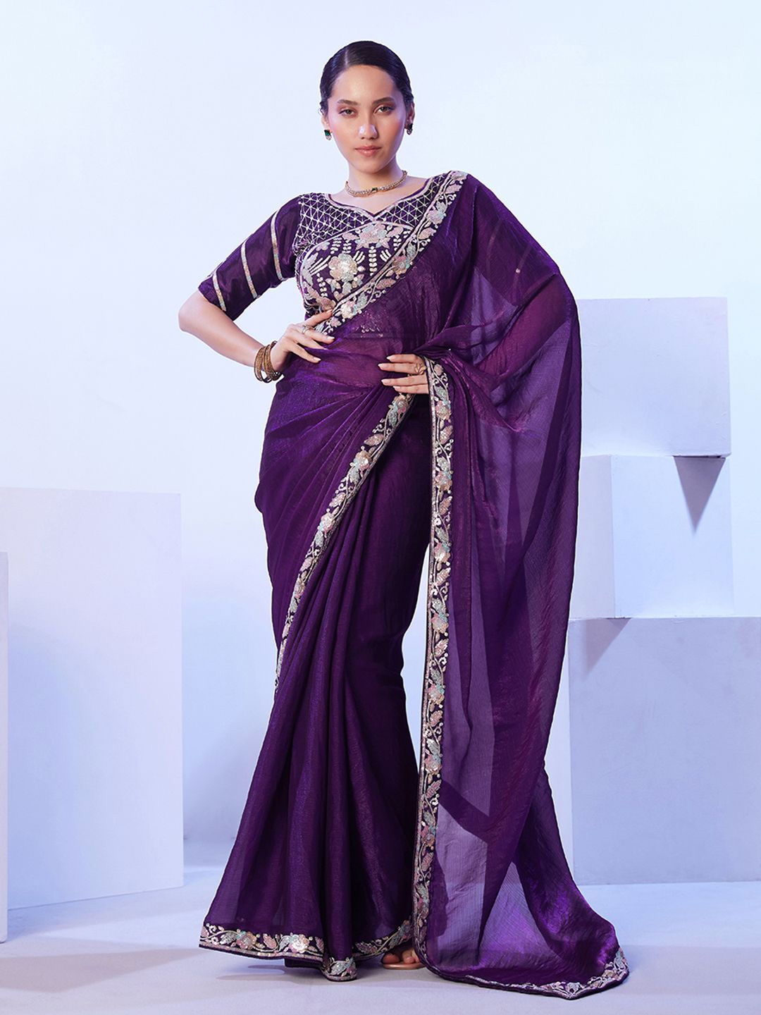 

Kalista Sequinned Pure Chiffon Saree, Purple