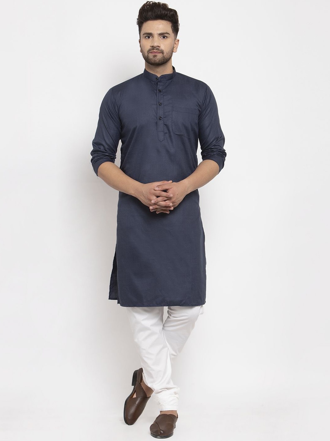 

Kaifoo Band Collar Long Sleeves Straight Kurta, Navy blue