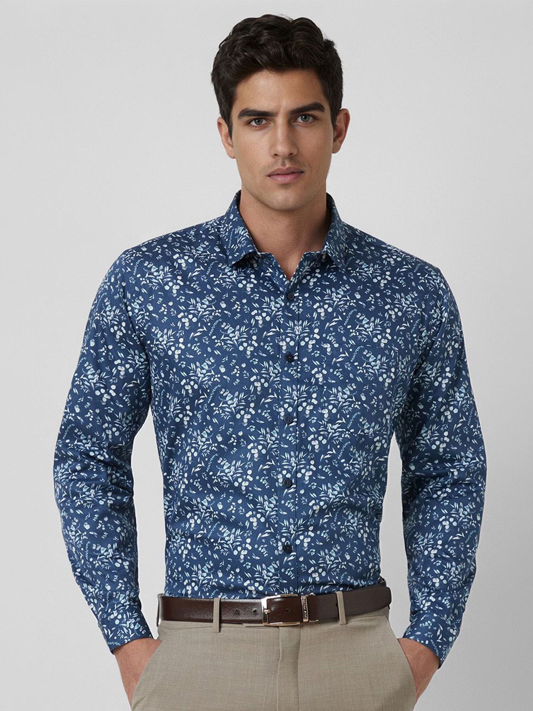 

V Dot Men Slim Fit Spread Collar Floral Printed Cotton Formal Shirt, Navy blue