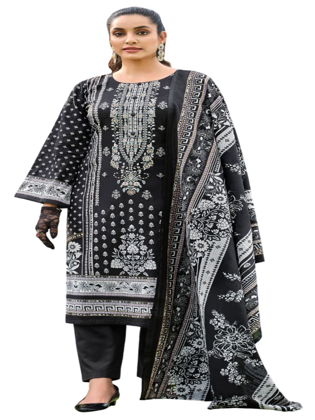 

DRAVINAM Trends Floral Printed Pure Cotton Unstitched Dress Material, Black