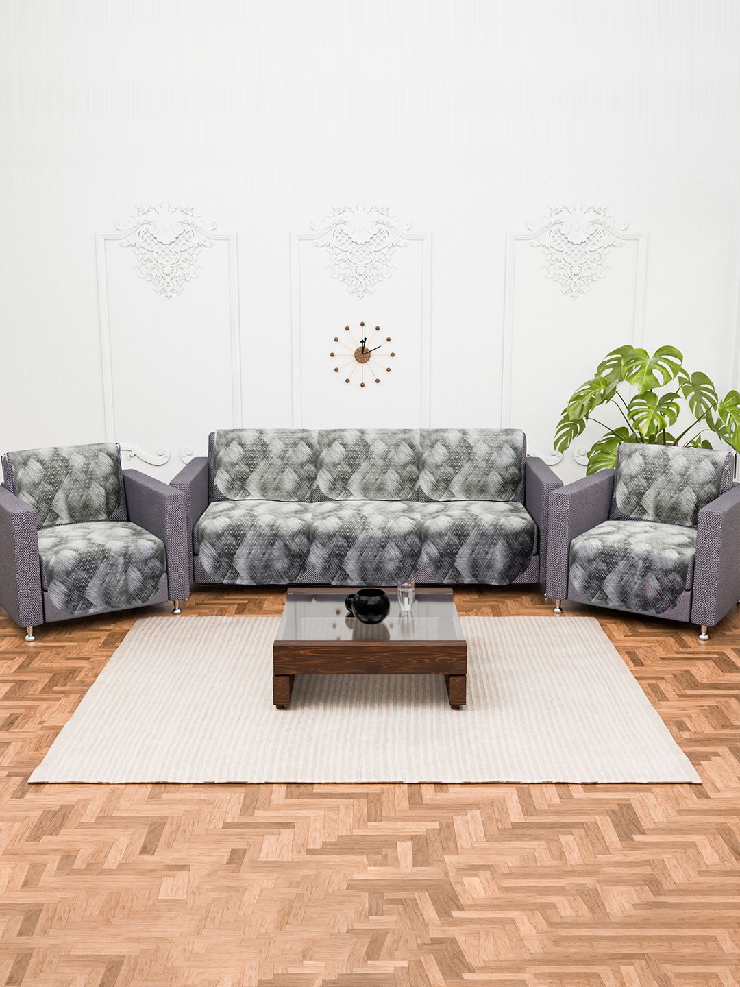 

Kuber Industries Grey & Off White 10 Pieces 5 Seater Printed Cotton Sofa Cover