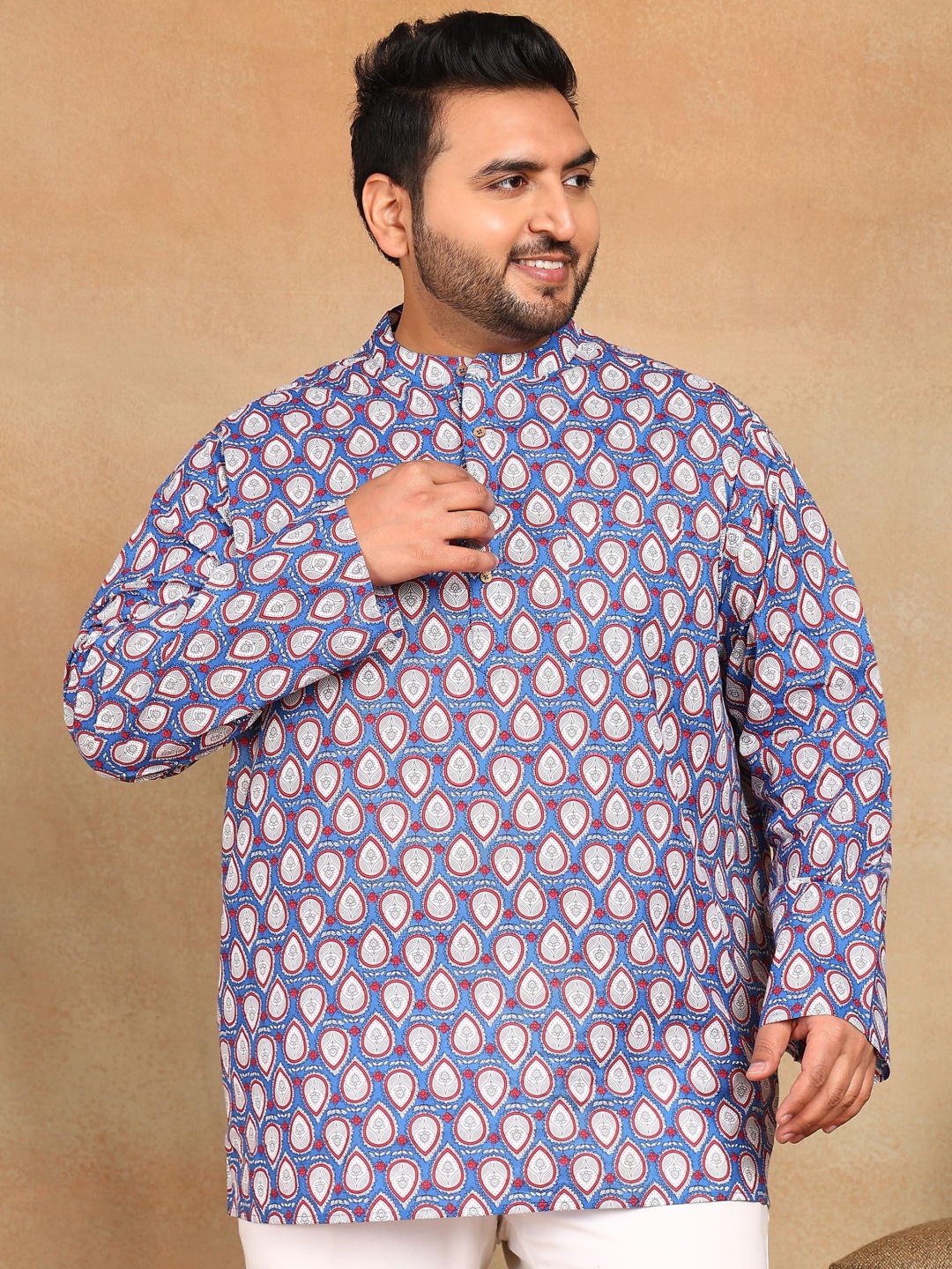 

Sztori Plus Size Ethnic Motifs Printed Band Collar Thread Work Straight Short Kurtas, Blue