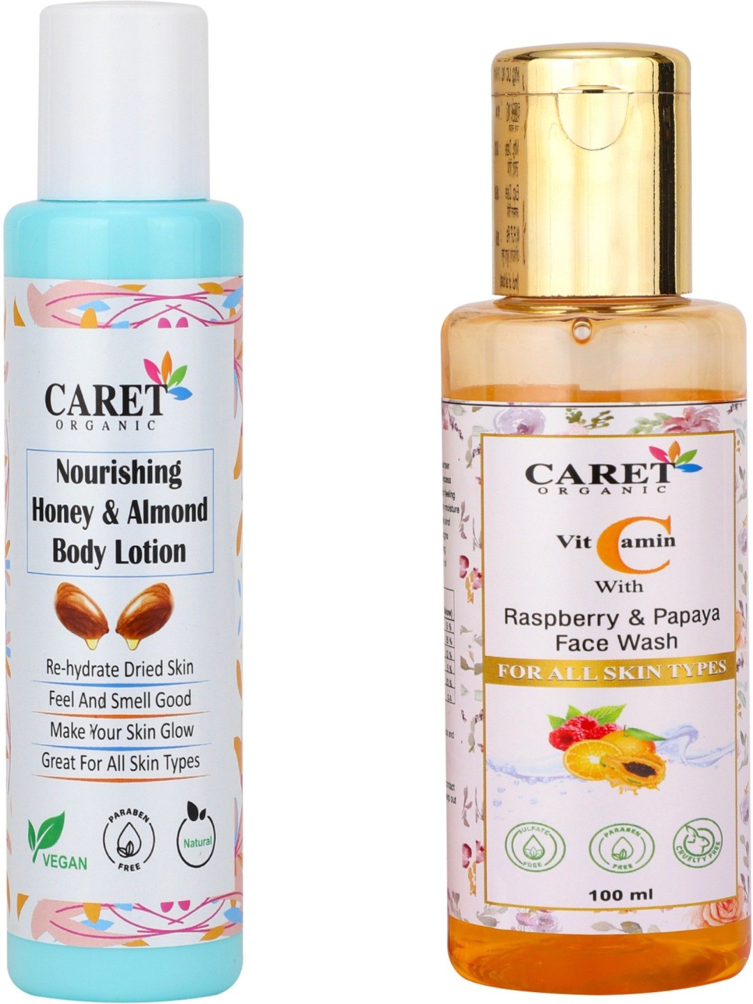 

CARET ORGANIC Set Of 2 Almond Body Lotion & Papaya Face Wash - 100 ml Each, White