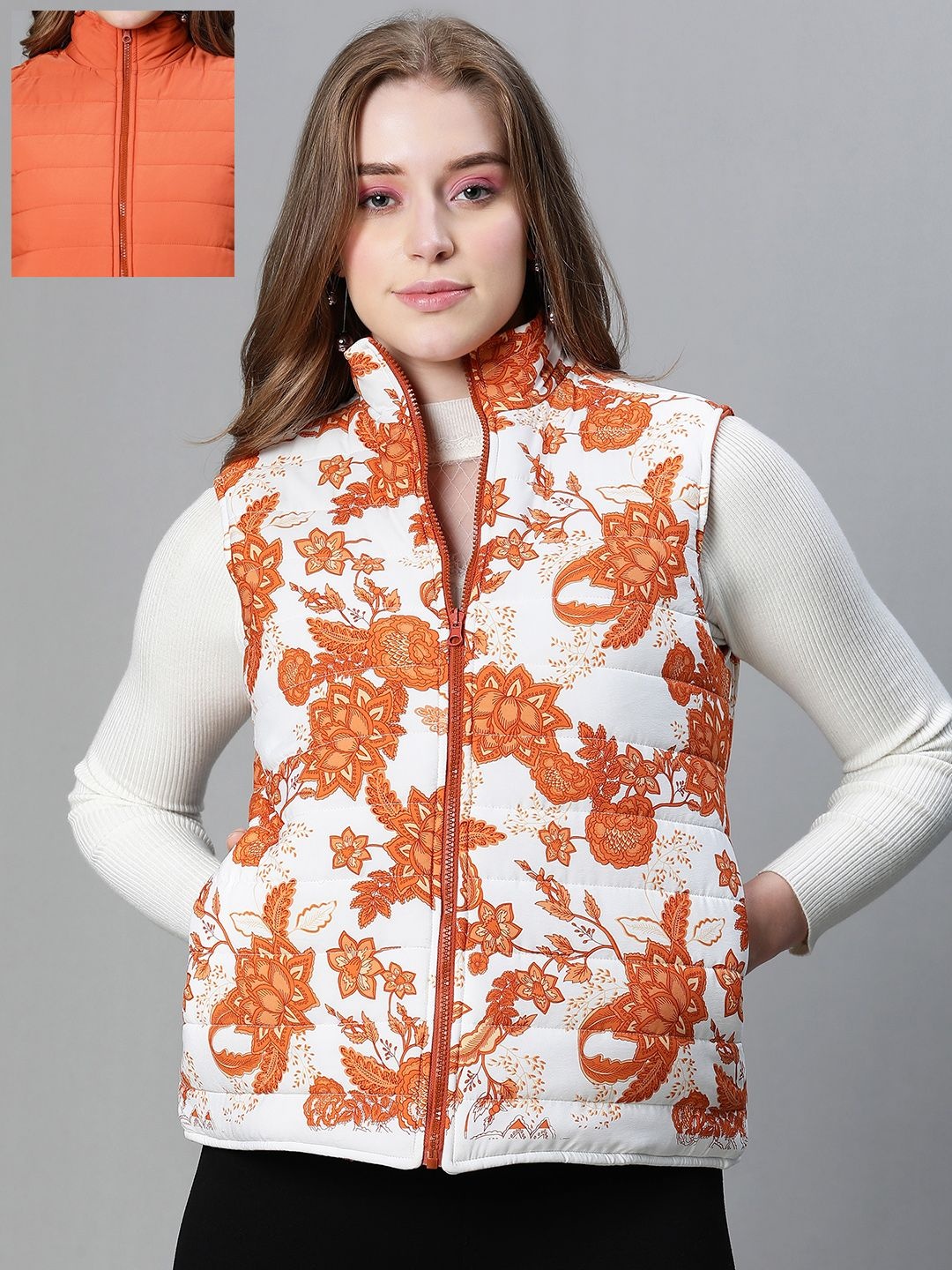 

Oxolloxo Women Stand Collar Floral Printed Casual Lightweight Quilted Jacket, White