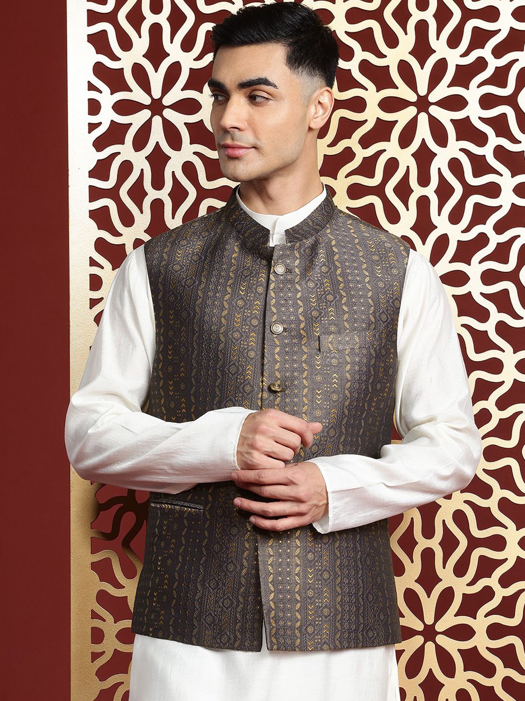 

MANQ Ethnic Motifs Woven Design Nehru Jacket, Black
