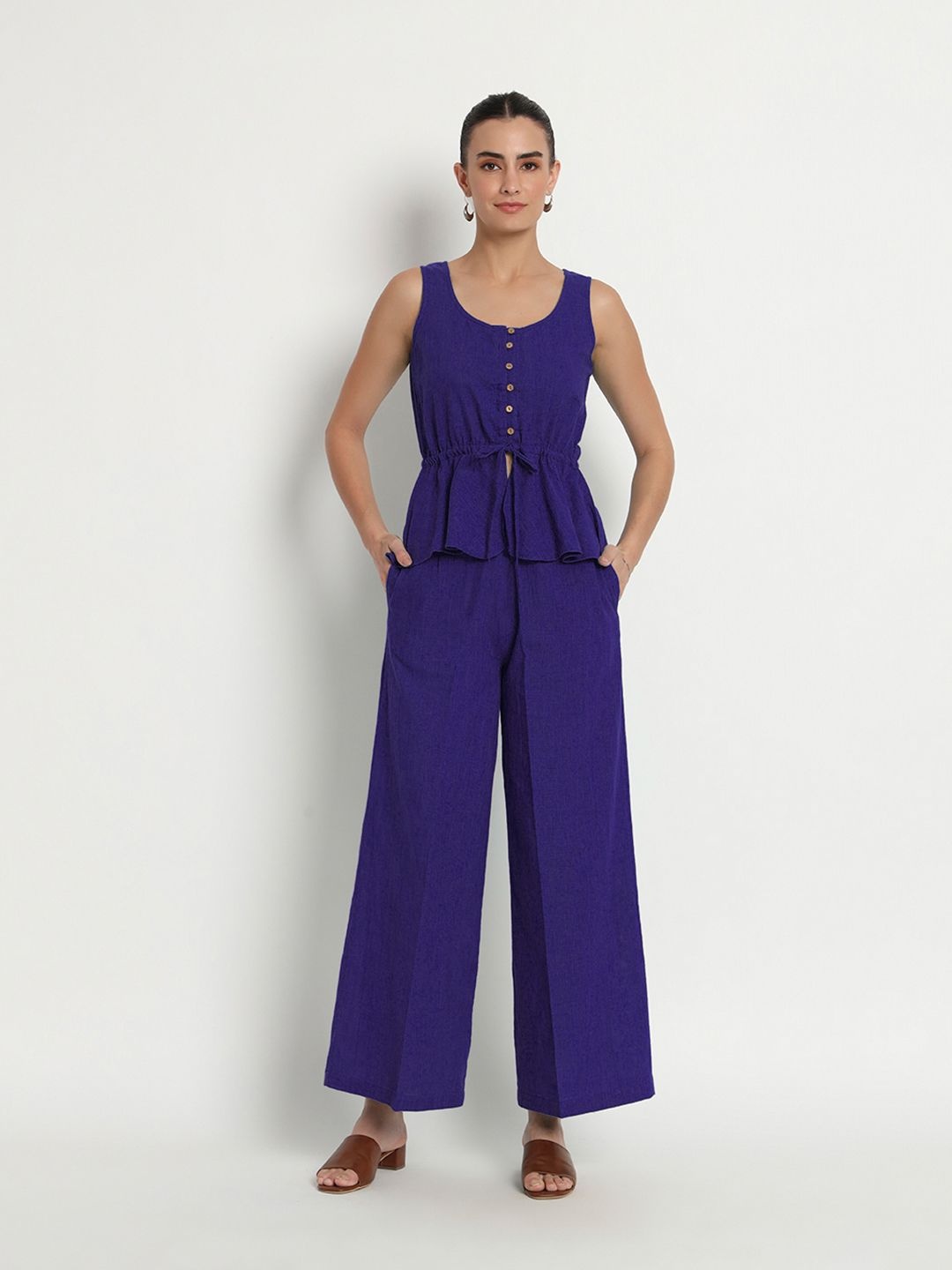 

Thevasa Round Neck Peplum Top with Palazzos, Purple