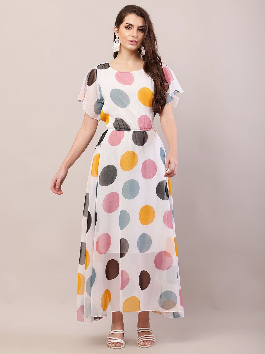 

Raabta Fashion Polka Dot Print Georgette Fit & Flare Maxi Dress, Multi