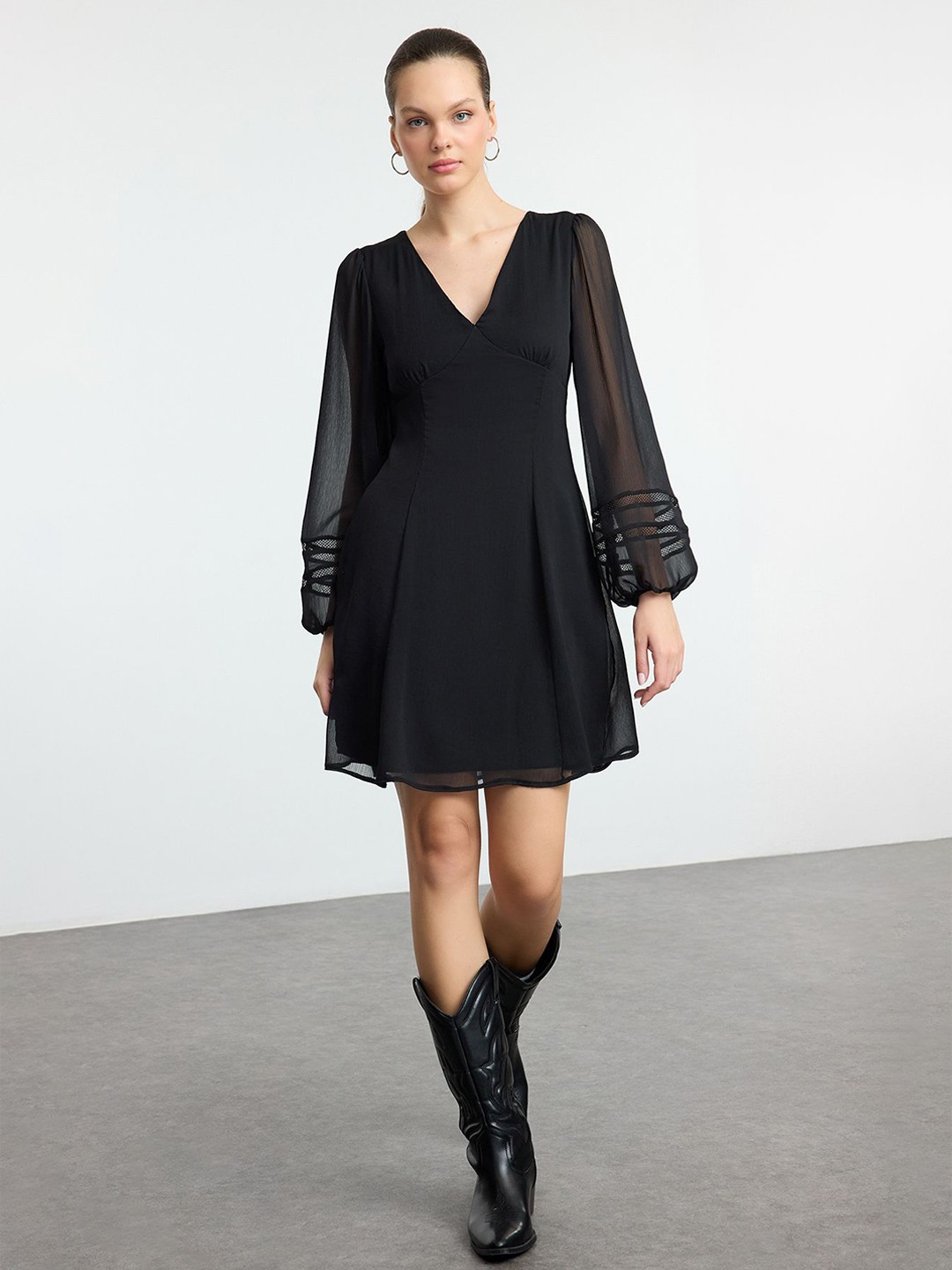 

Trendyol Women V-Neck Puff Sleeves Fit & Flare Dress, Black