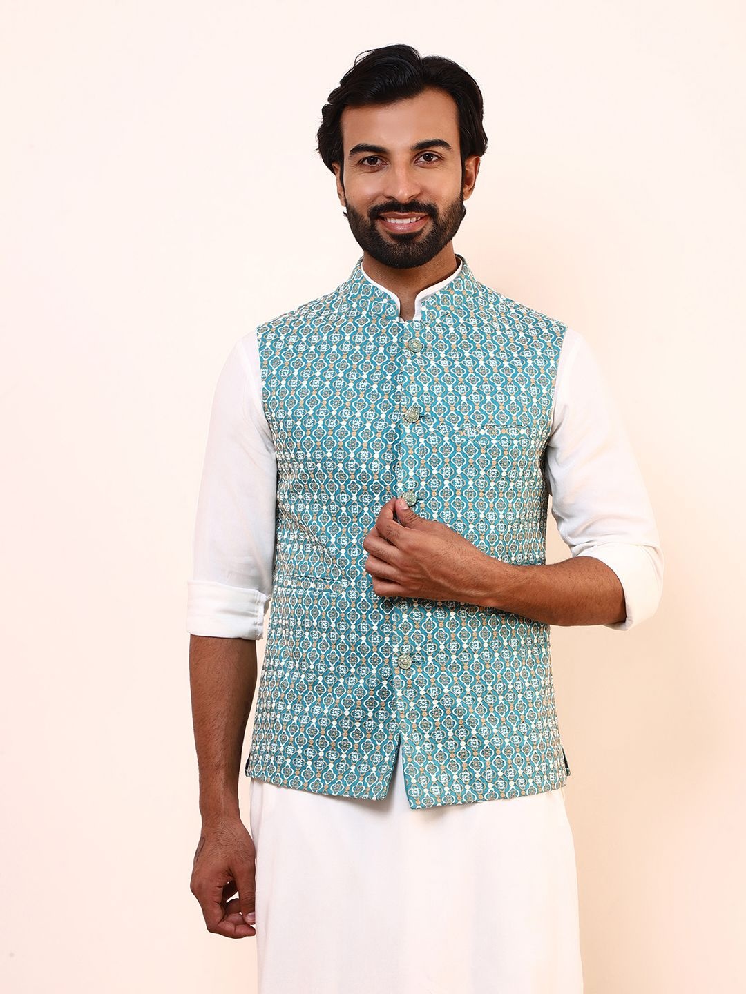 

Satwaa Floral Embroidered Nehru Jacket, Turquoise blue