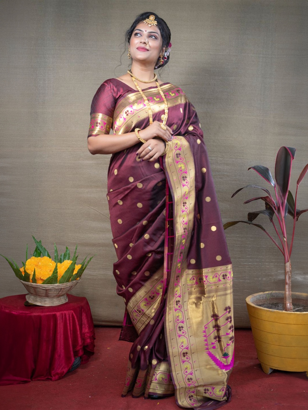 

amirat Polka Dots Woven Design Zari Pure Silk Paithani Saree, Maroon