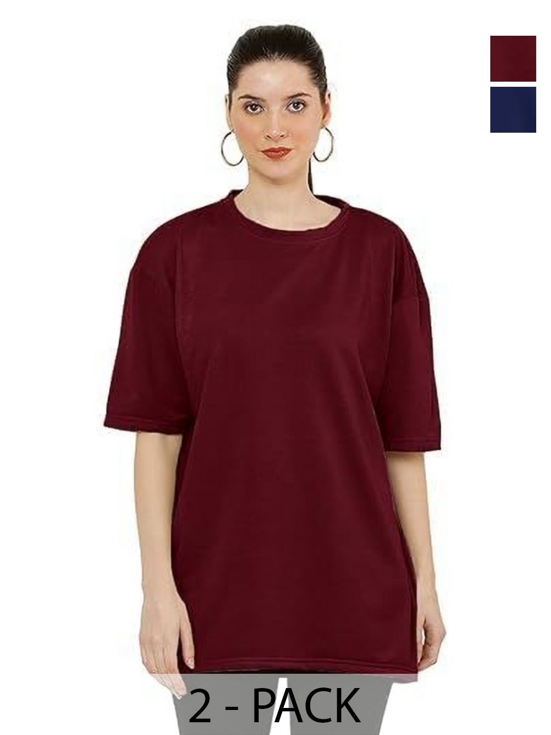 

NOTWILD Women Pack Of 2 Solid Round Neck Cotton Oversized T-shirts, Burgundy