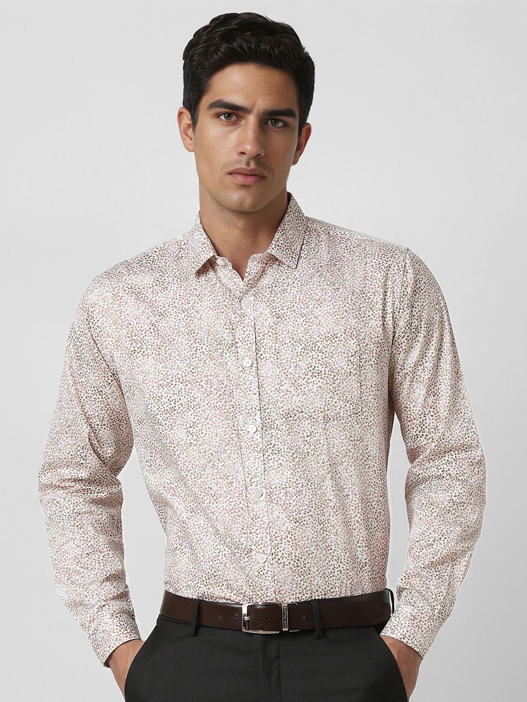 

V Dot Men Slim Fit Spread Collar Floral Printed Cotton Formal Shirt, Beige
